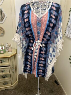 Altar'd State Navy, Pink & White Boho Tassel Kimono Cover